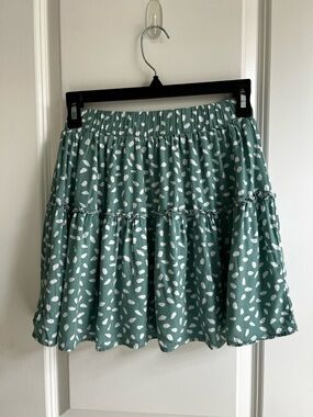 Boho High Waist Ruffle Swing Mini Skirt Teal Green with White Dot Print